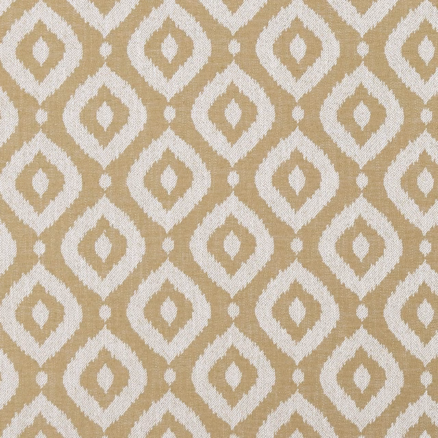Warm ochre woven fabric with ivory diamond motifs and a tactile textured weave