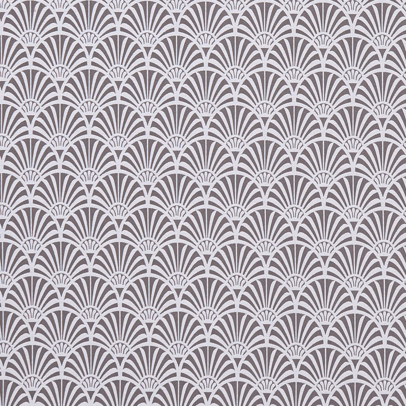 Charcoal-grey woven fabric with repeating ivory Art Deco fan motifs