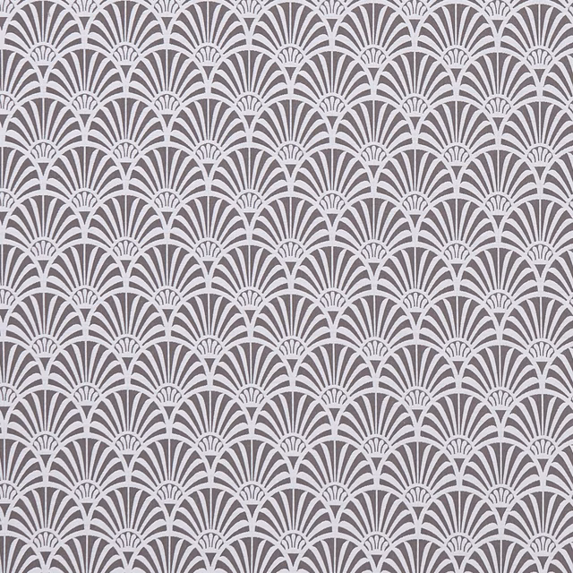 Charcoal-grey woven fabric with repeating ivory Art Deco fan motifs
