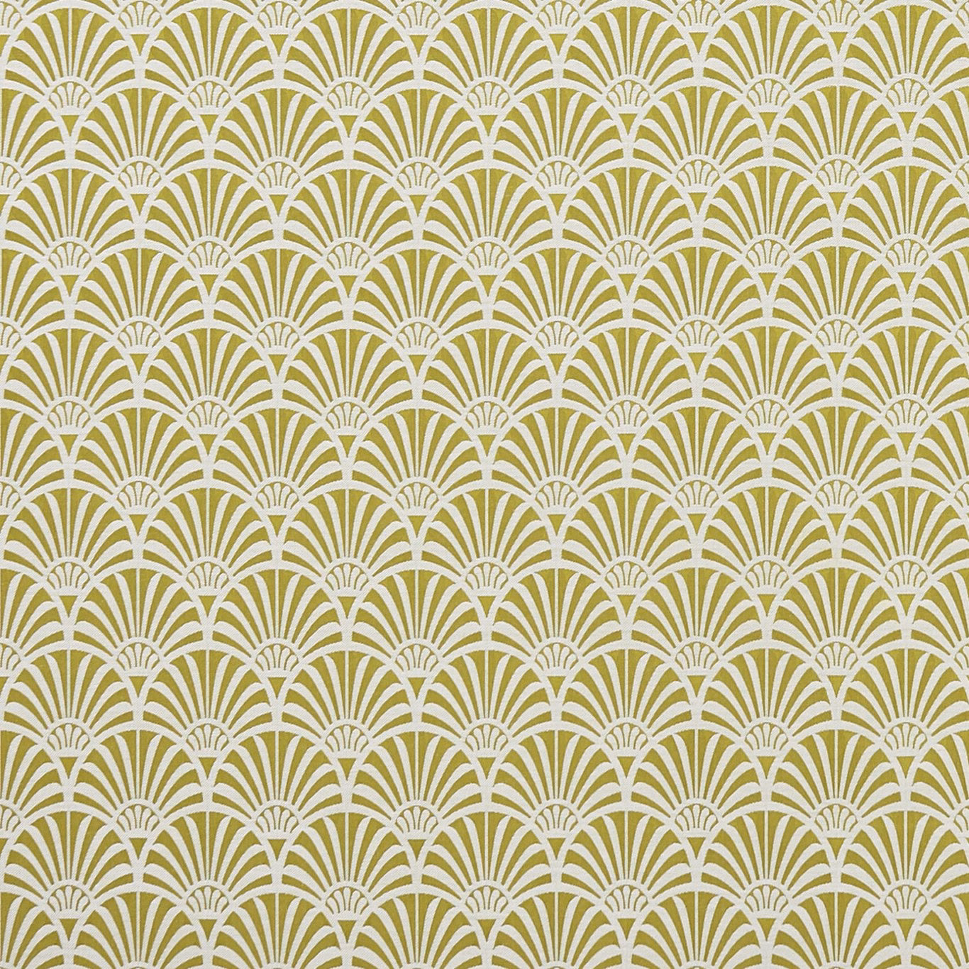Vivid chartreuse fabric with repeating ivory fan arches and fine geometric lines