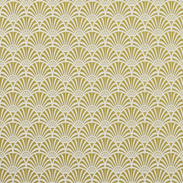 Vivid chartreuse fabric with repeating ivory fan arches and fine geometric lines