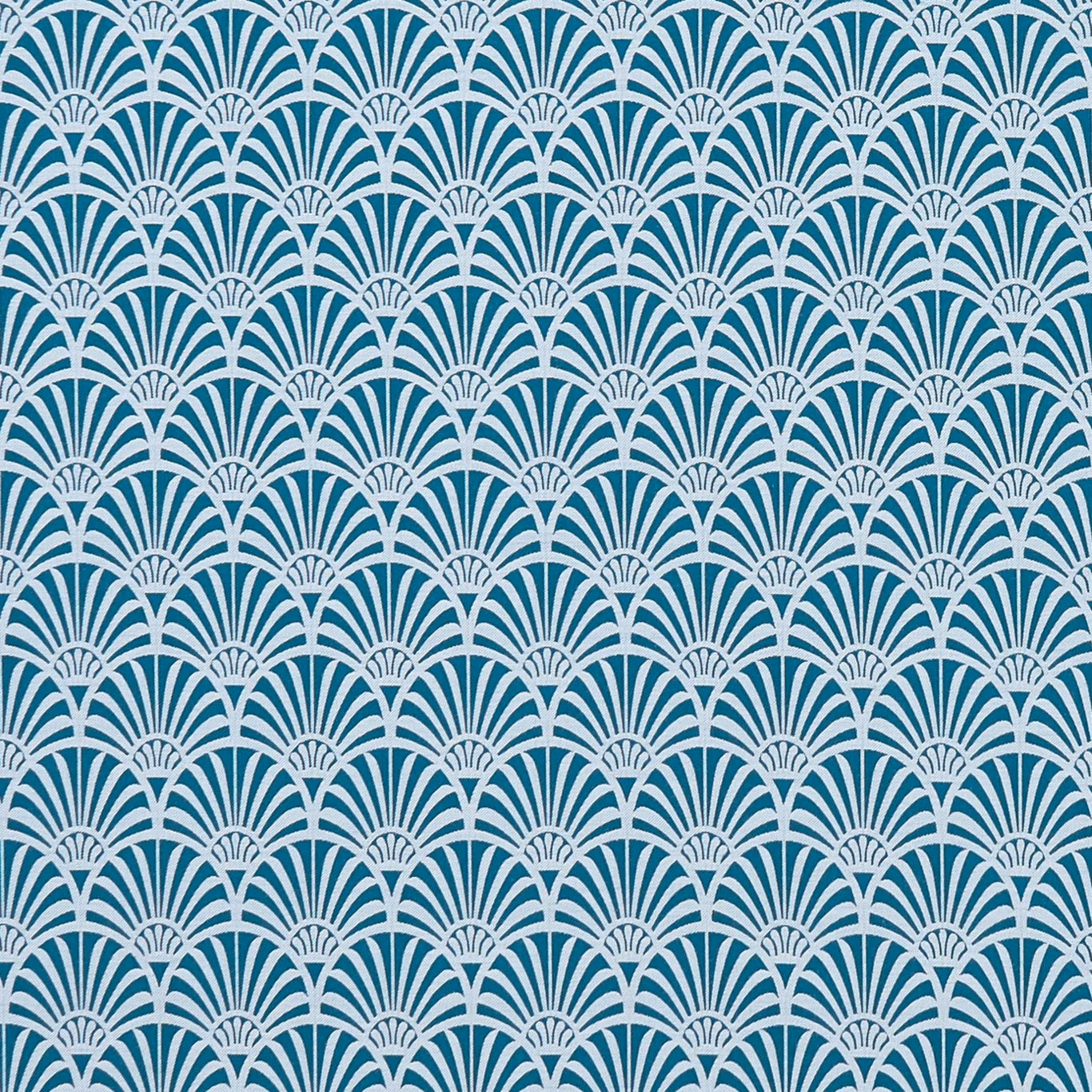 Rich teal fabric with repeating cream Art Deco fan arches and subtle surface texture