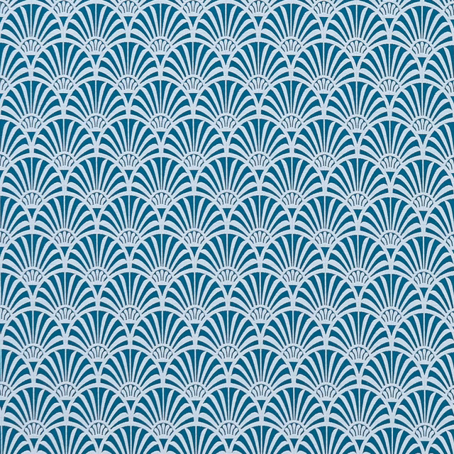 Rich teal fabric with repeating cream Art Deco fan arches and subtle surface texture
