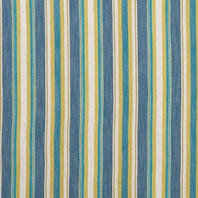 Close-up of denim-blue, chartreuse and cream vertical stripes in a woven textile