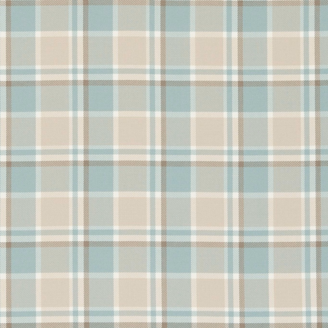 Soft mineral-blue plaid with cream and taupe lines over a fine woven texture