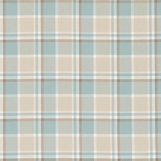 Soft mineral-blue plaid with cream and taupe lines over a fine woven texture
