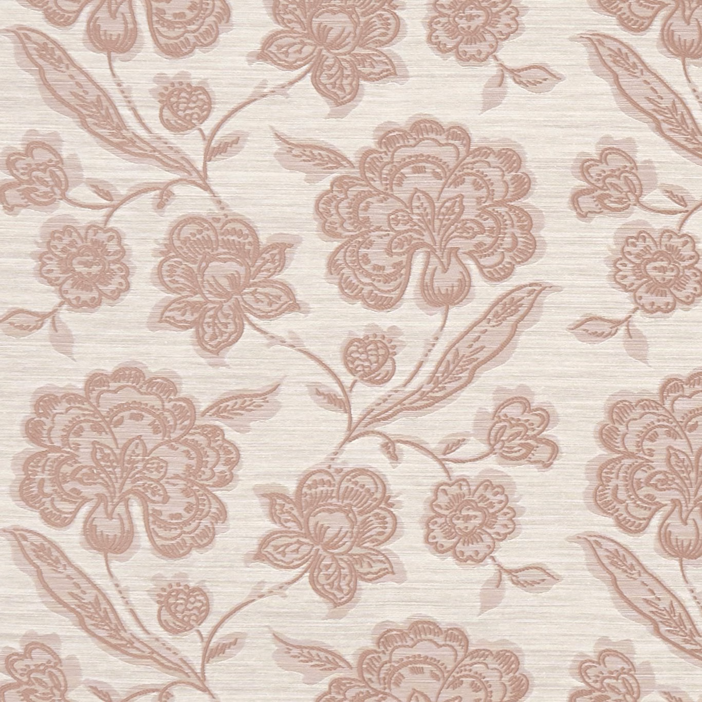 Cream woven fabric with dusty mauve floral blooms, leaves and fine horizontal texture