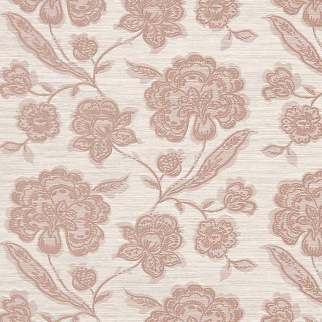 Cream woven fabric with dusty mauve floral blooms, leaves and fine horizontal texture