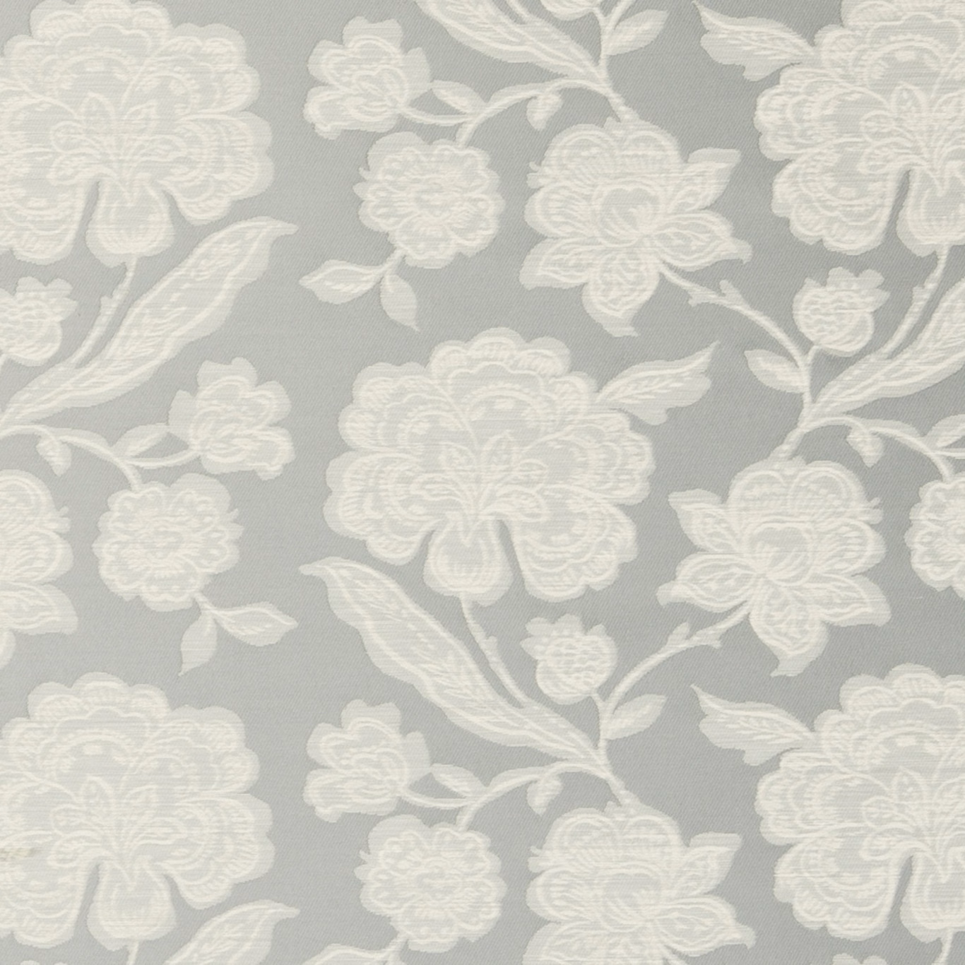 Cool mineral-grey fabric with ivory climbing flowers, outlined petals and leafy stems