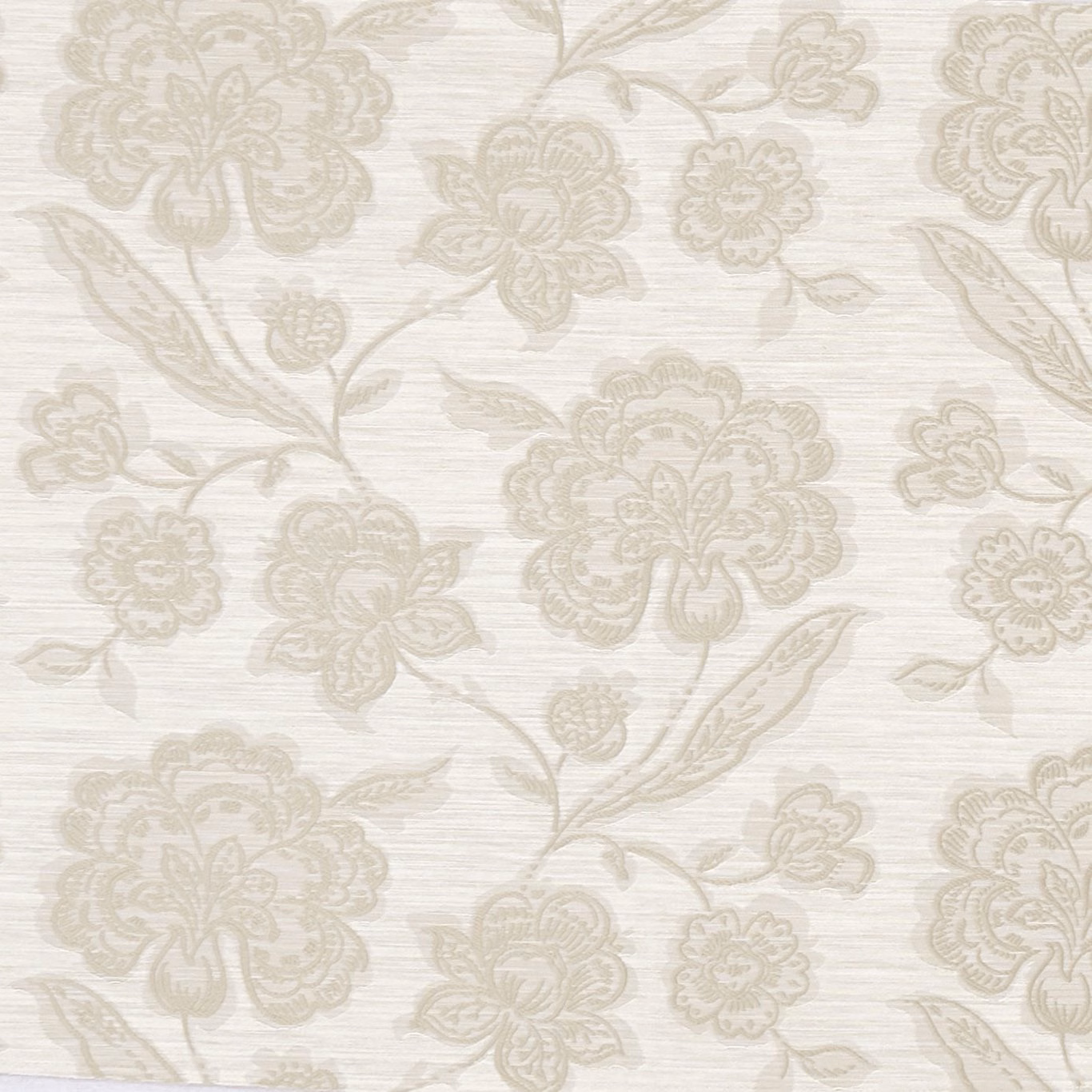Pale natural fabric with muted greige flowers, leafy stems and fine horizontal woven texture
