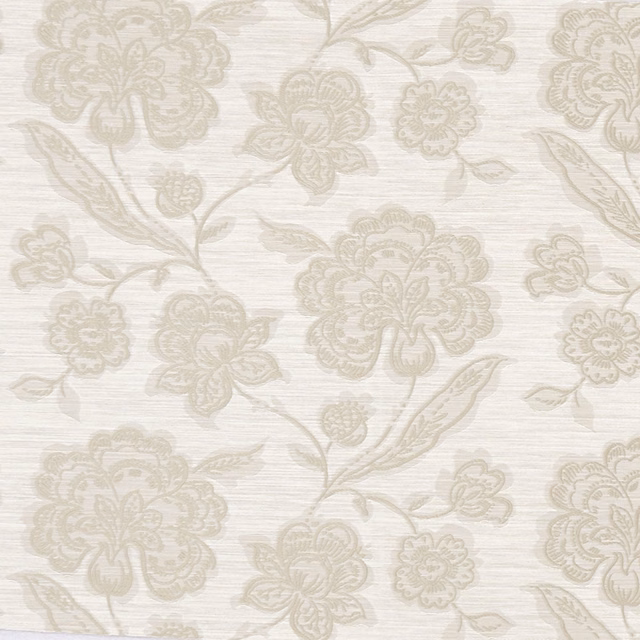 Pale natural fabric with muted greige flowers, leafy stems and fine horizontal woven texture