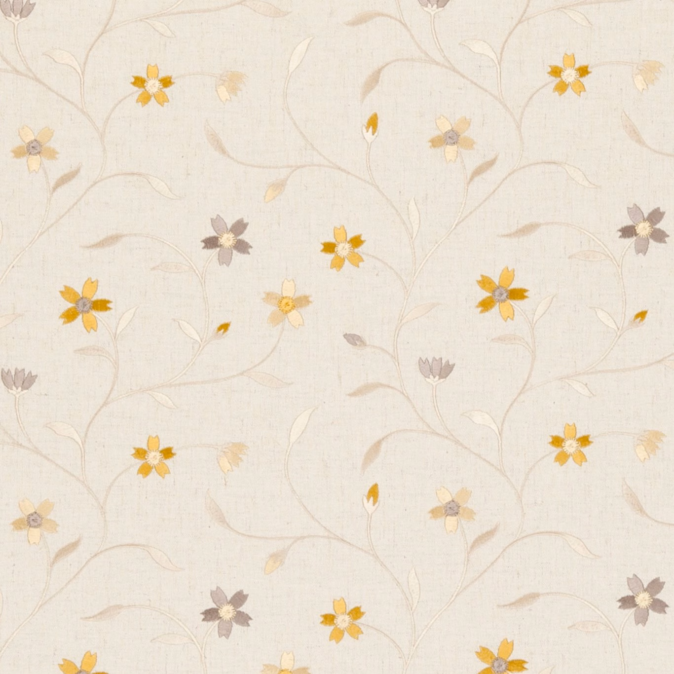 Cream woven floral with citrus-yellow flowers, taupe vines and muted mauve blooms