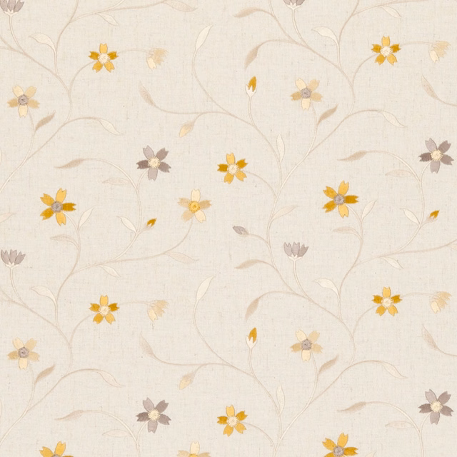 Cream woven floral with citrus-yellow flowers, taupe vines and muted mauve blooms