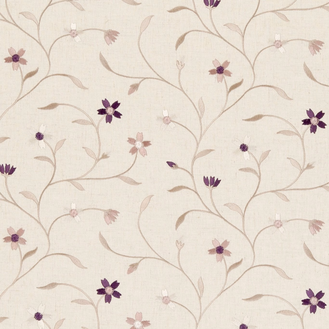 Cream woven fabric with plum and blush flowers on winding taupe vines