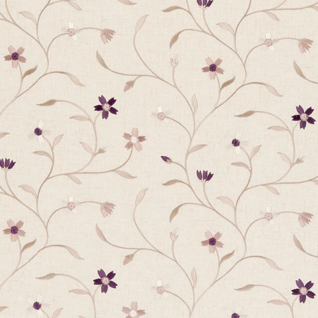 Cream woven fabric with plum and blush flowers on winding taupe vines