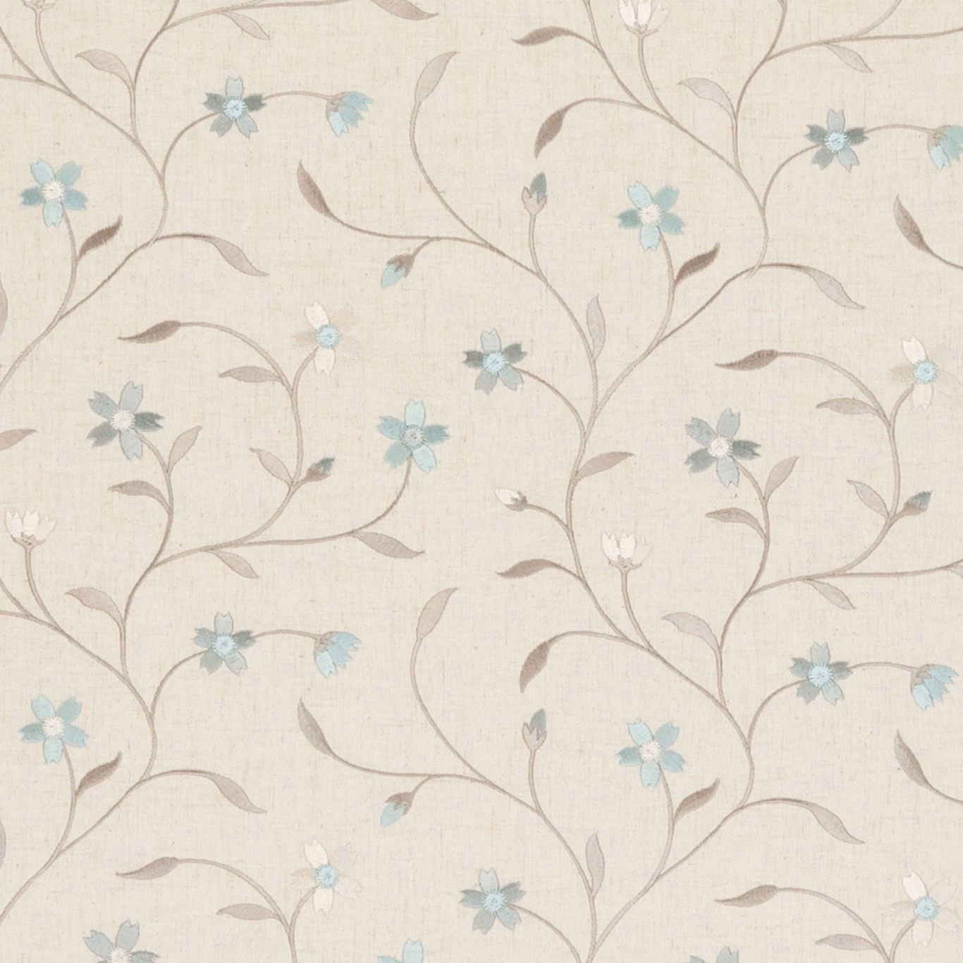 Pale cream woven ground with muted blue flowers and taupe curling stems