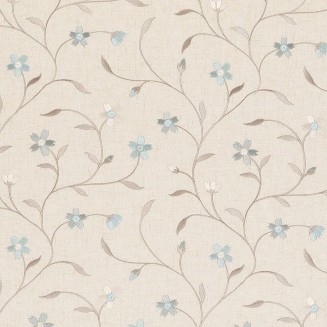 Pale cream woven ground with muted blue flowers and taupe curling stems