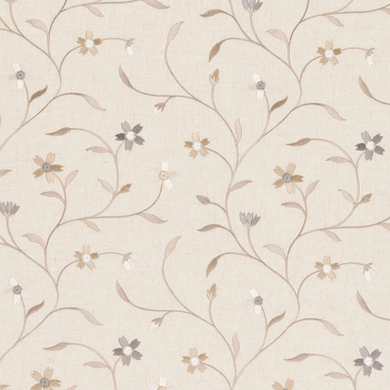 Warm ivory floral fabric with taupe vines, grey blooms and a visible woven texture