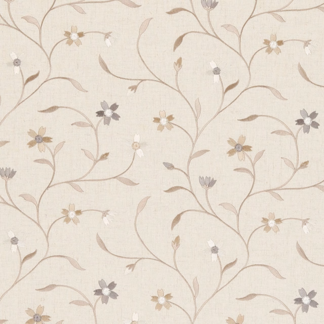 Warm ivory floral fabric with taupe vines, grey blooms and a visible woven texture