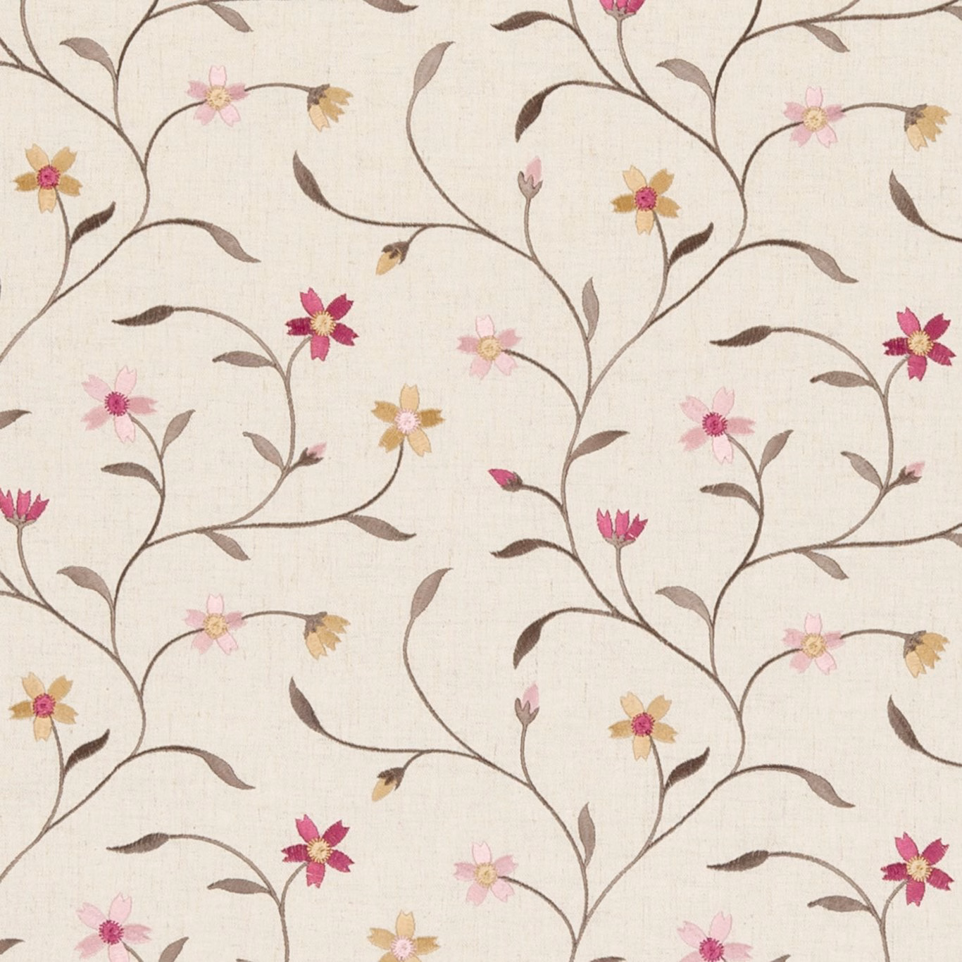Cream woven fabric with raspberry pink flowers, brown vines, blush blooms and ochre accents