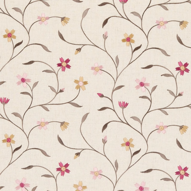 Cream woven fabric with raspberry pink flowers, brown vines, blush blooms and ochre accents