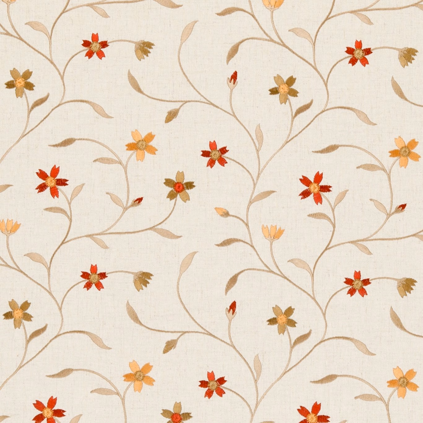 Cream woven floral with taupe vines and red, ochre and orange flowers