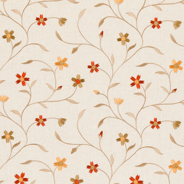 Cream woven floral with taupe vines and red, ochre and orange flowers