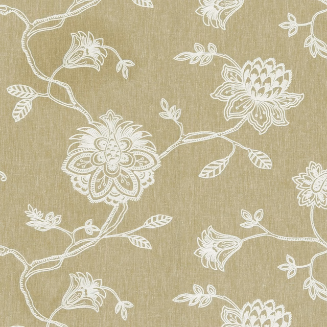 Muted sage olive fabric with ivory outlined flowers, curling stems and fine vertical texture