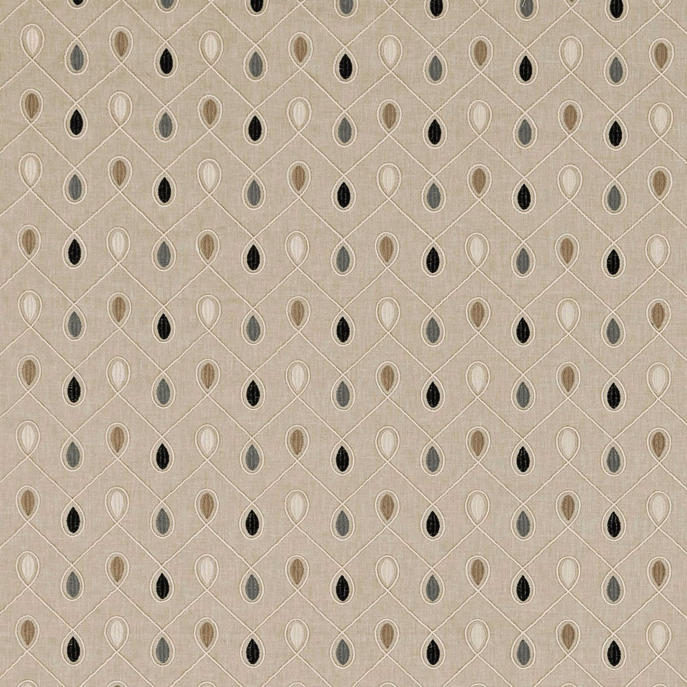 Warm greige lattice fabric with charcoal, grey and taupe teardrop motifs