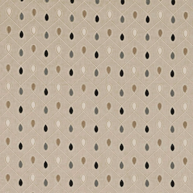 Warm greige lattice fabric with charcoal, grey and taupe teardrop motifs