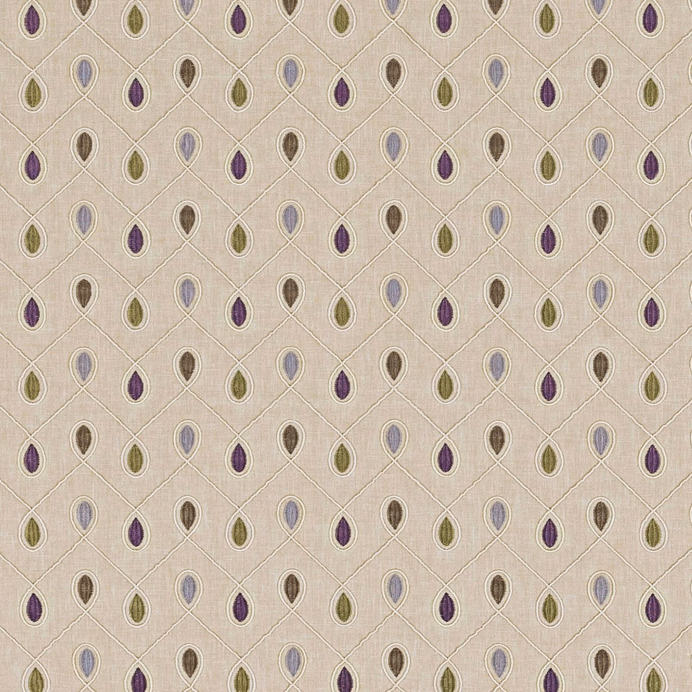 Taupe woven fabric with olive, plum, lilac and brown teardrop motifs