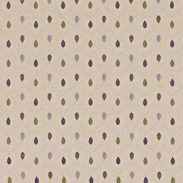 Taupe woven fabric with olive, plum, lilac and brown teardrop motifs
