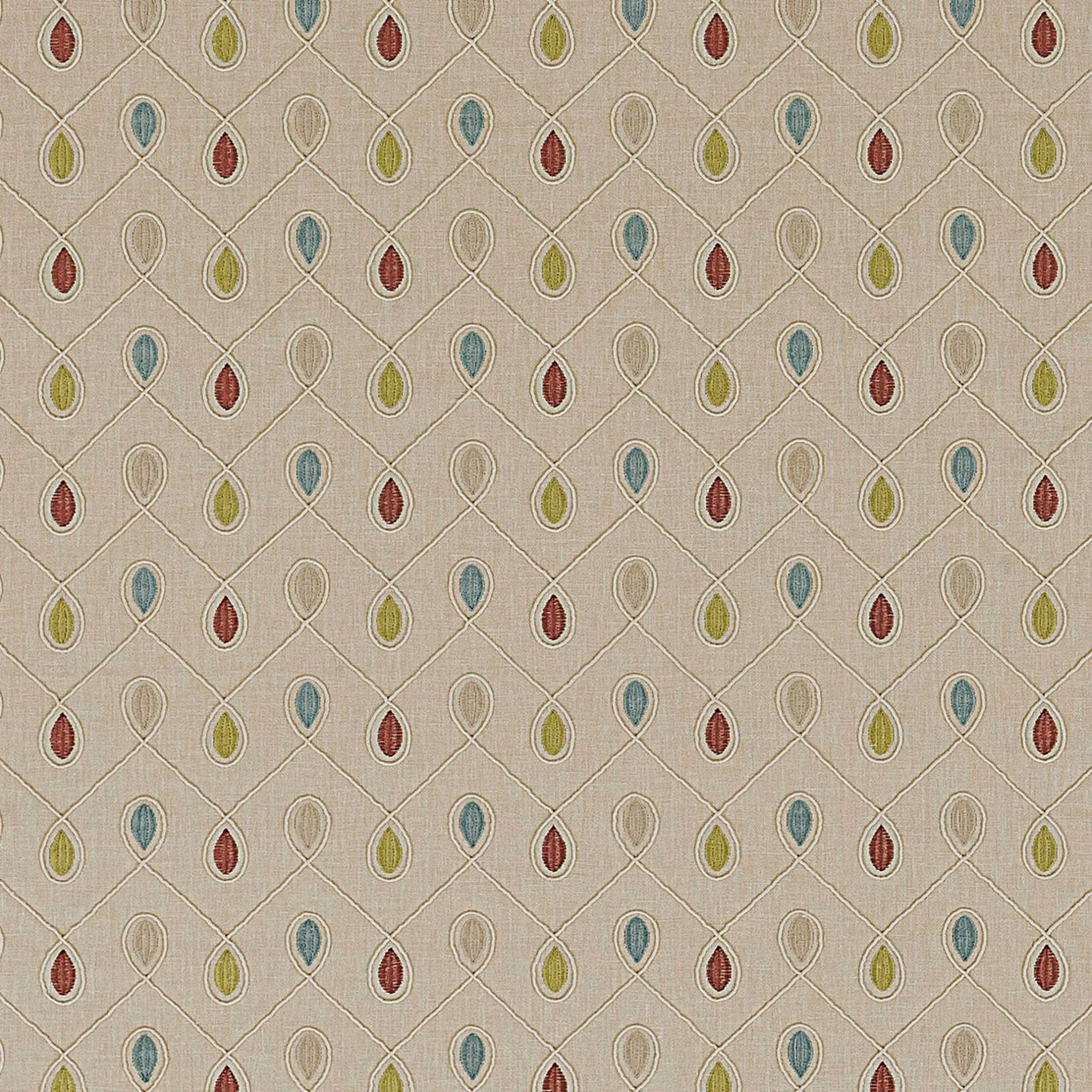 Taupe woven fabric with raspberry, duckegg and olive teardrop motifs in a lattice