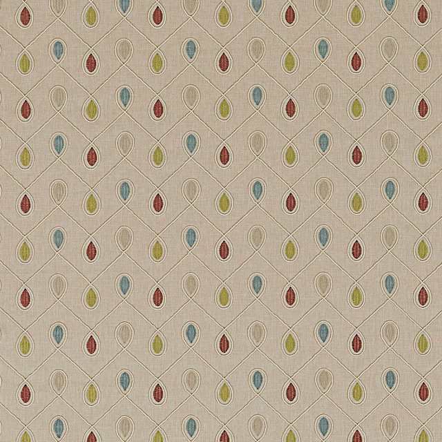Taupe woven fabric with raspberry, duckegg and olive teardrop motifs in a lattice
