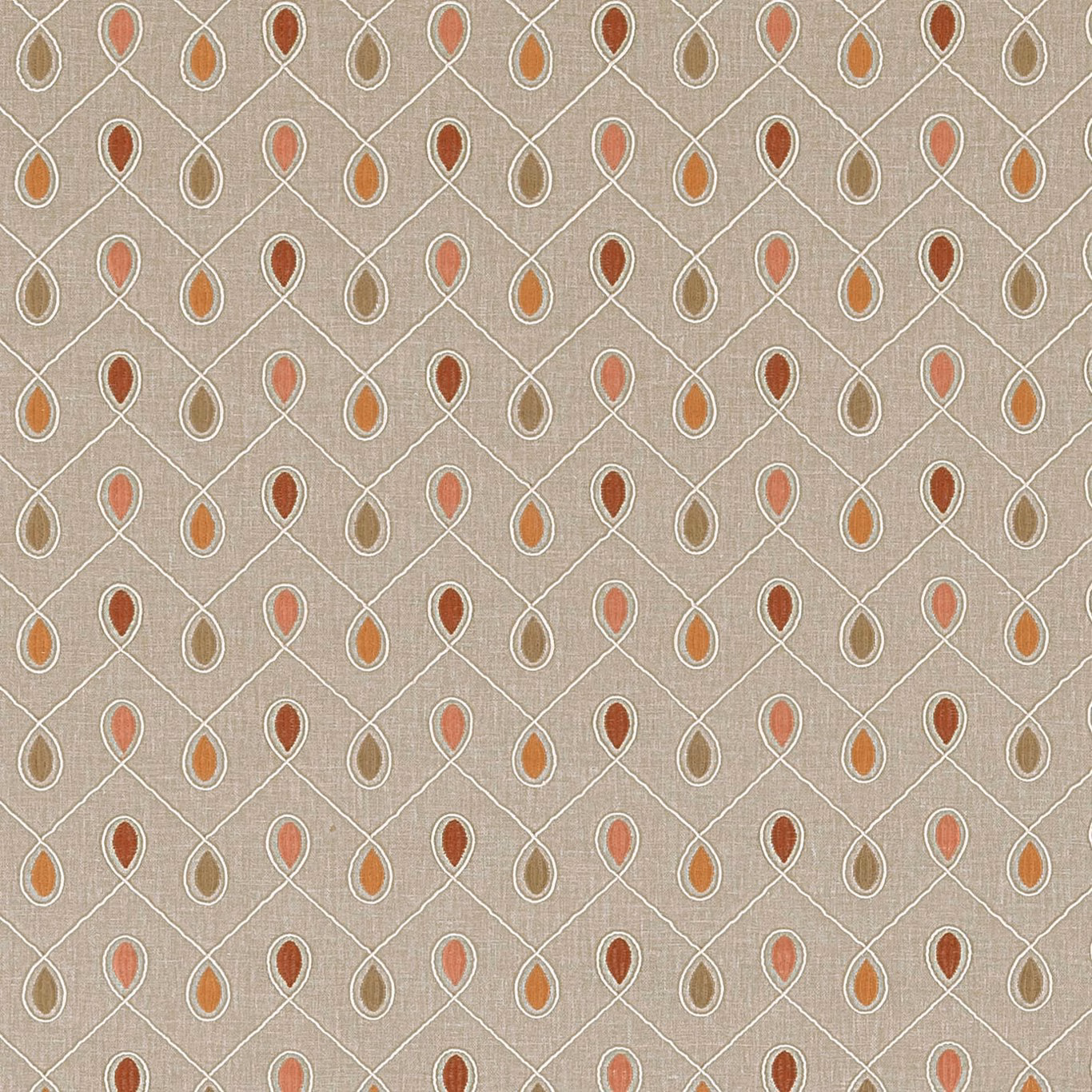 Warm taupe woven fabric with ivory lattice and rust teardrop motifs