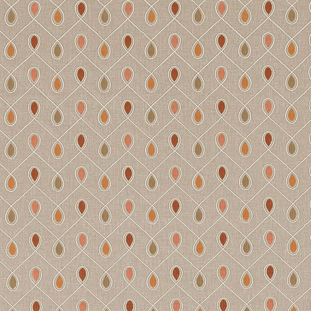 Warm taupe woven fabric with ivory lattice and rust teardrop motifs