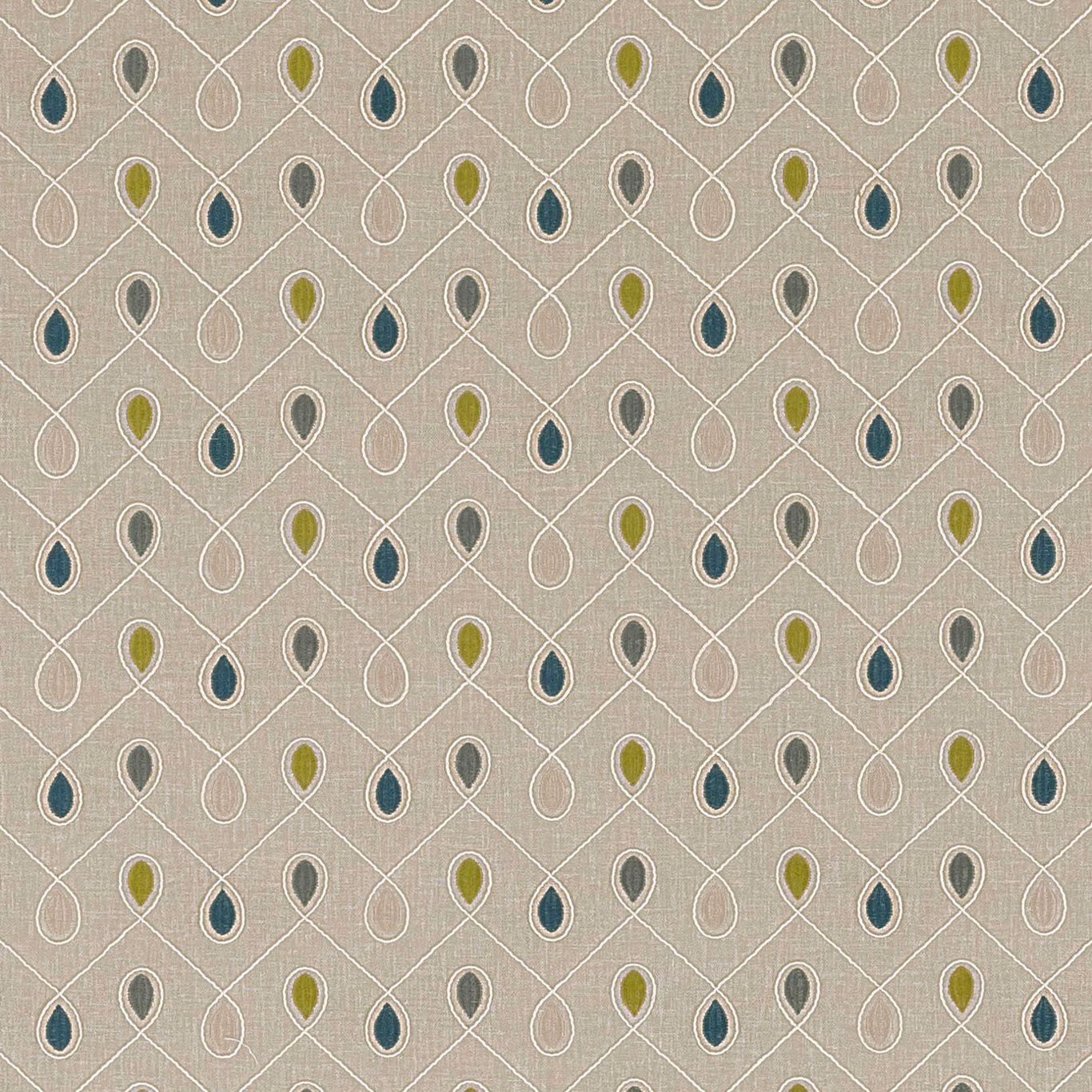 Taupe woven fabric with teal, olive and charcoal teardrops in a fine lattice