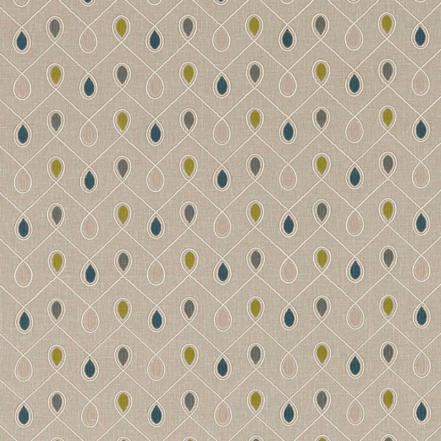 Taupe woven fabric with teal, olive and charcoal teardrops in a fine lattice