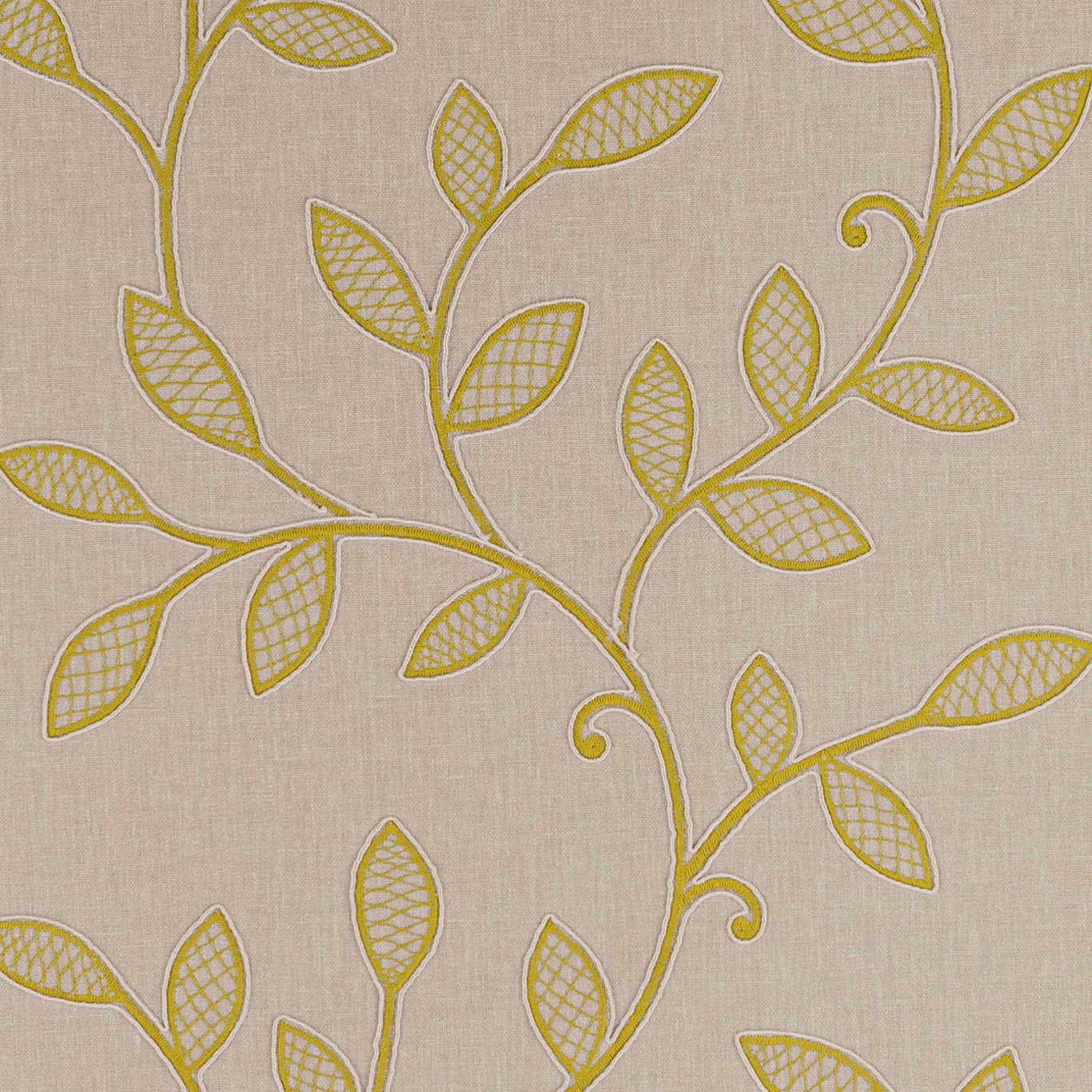 Taupe-beige fabric with chartreuse branching vines and lattice-filled leaves