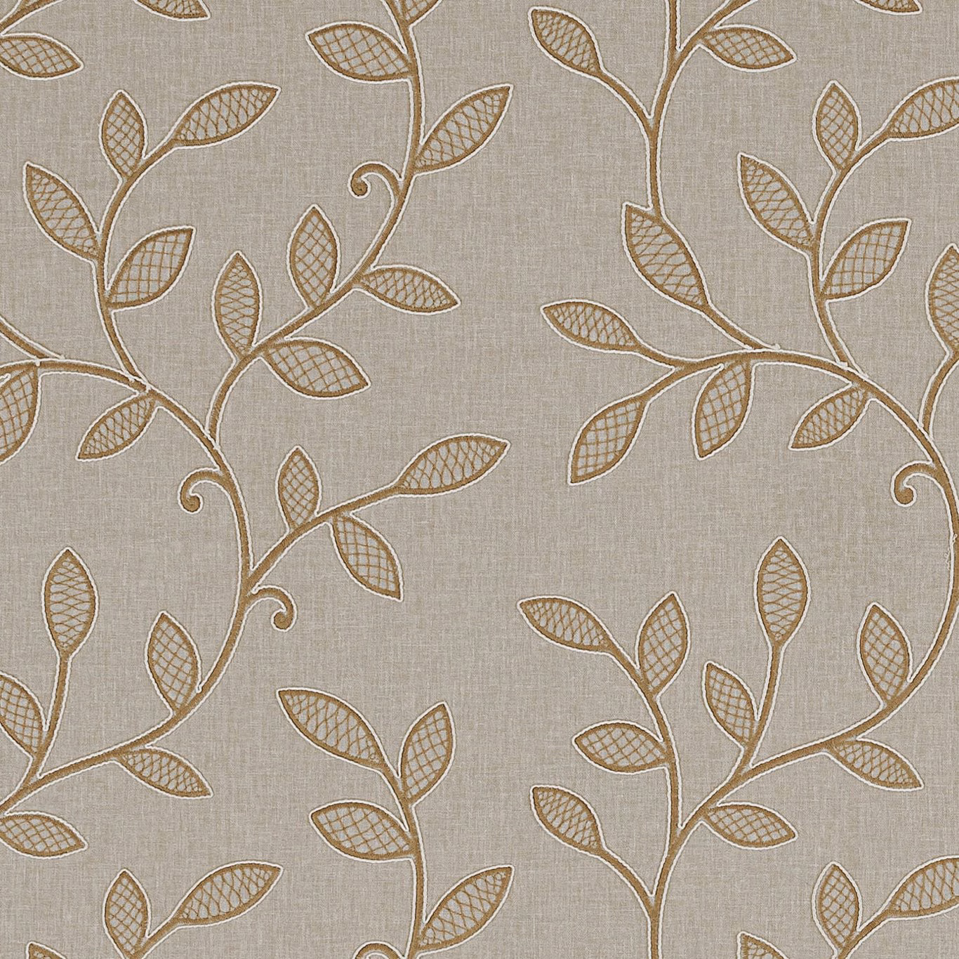 Warm caramel-taupe woven ground with scrolling vines and crosshatched leaves