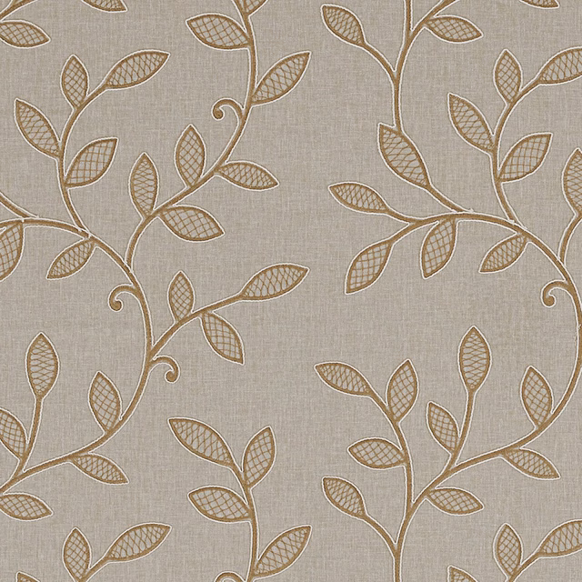 Warm caramel-taupe woven ground with scrolling vines and crosshatched leaves