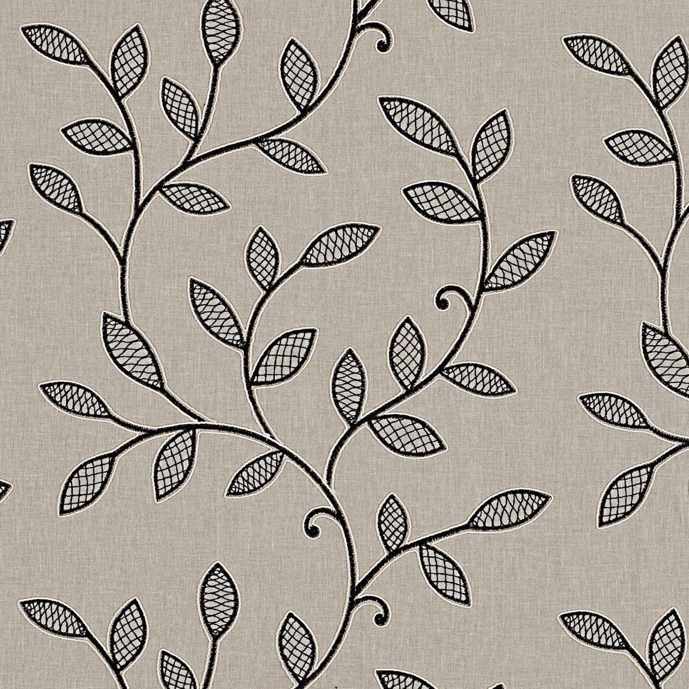 Taupe-charcoal woven ground with black outlined, crosshatched leaves and curling vine stems