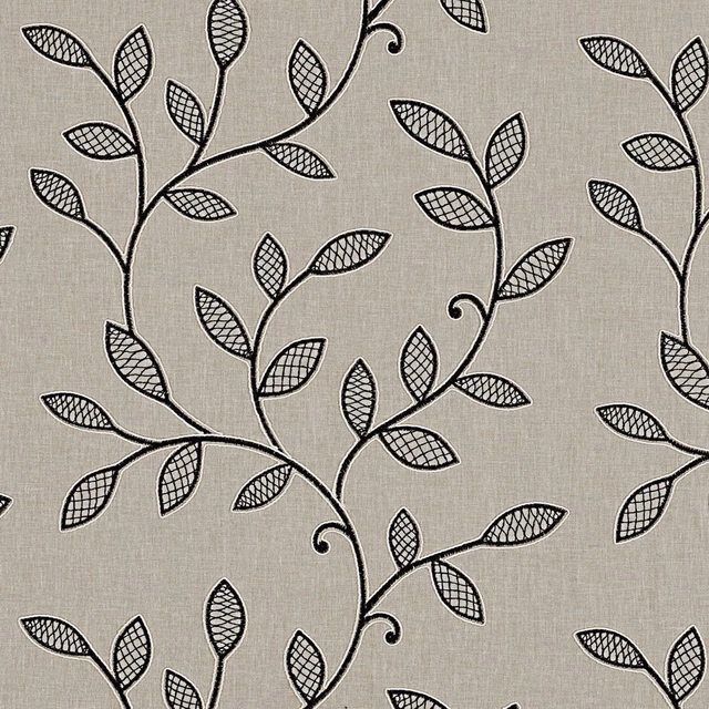 Taupe-charcoal woven ground with black outlined, crosshatched leaves and curling vine stems