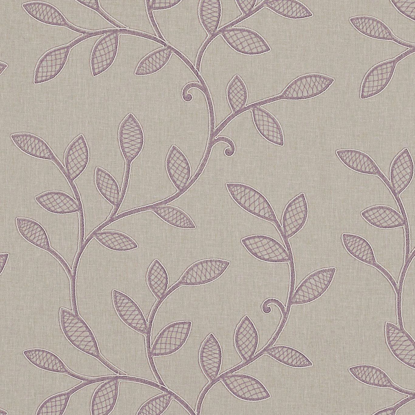 Mushroom taupe fabric with mauve leafy vines and crosshatched leaves