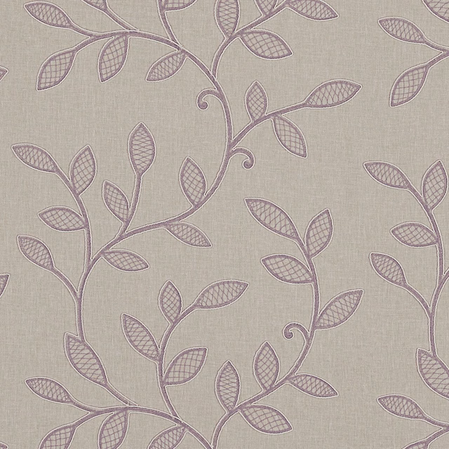 Mushroom taupe fabric with mauve leafy vines and crosshatched leaves