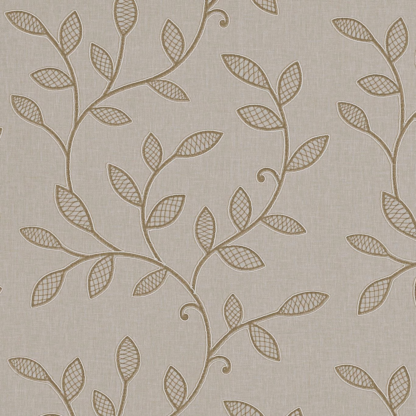Warm taupe fabric with branching stems and crosshatched outlined leaves