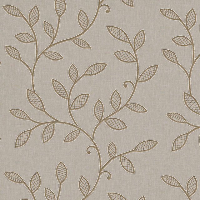 Warm taupe fabric with branching stems and crosshatched outlined leaves
