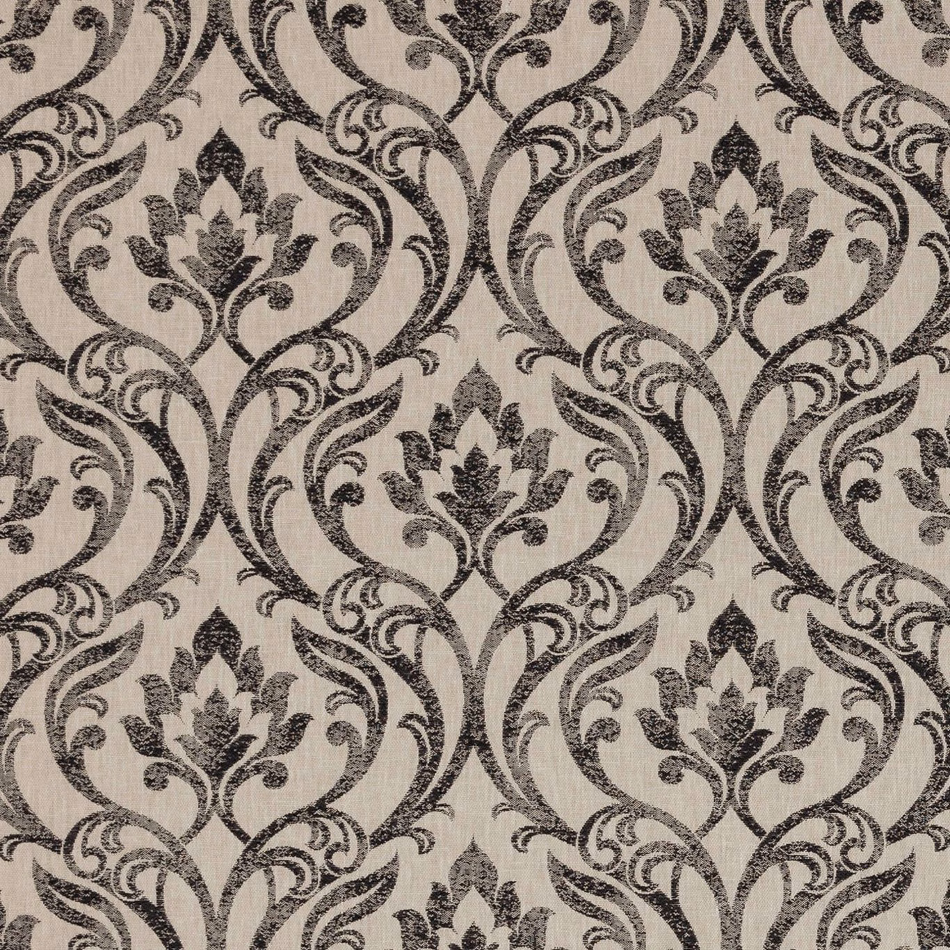 Charcoal damask with warm grey ground, scrolling foliage and stylised floral motifs