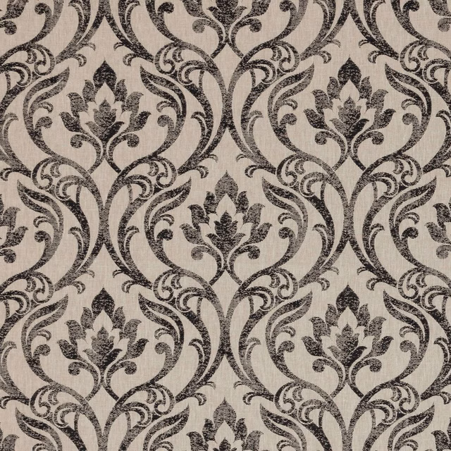 Charcoal damask with warm grey ground, scrolling foliage and stylised floral motifs
