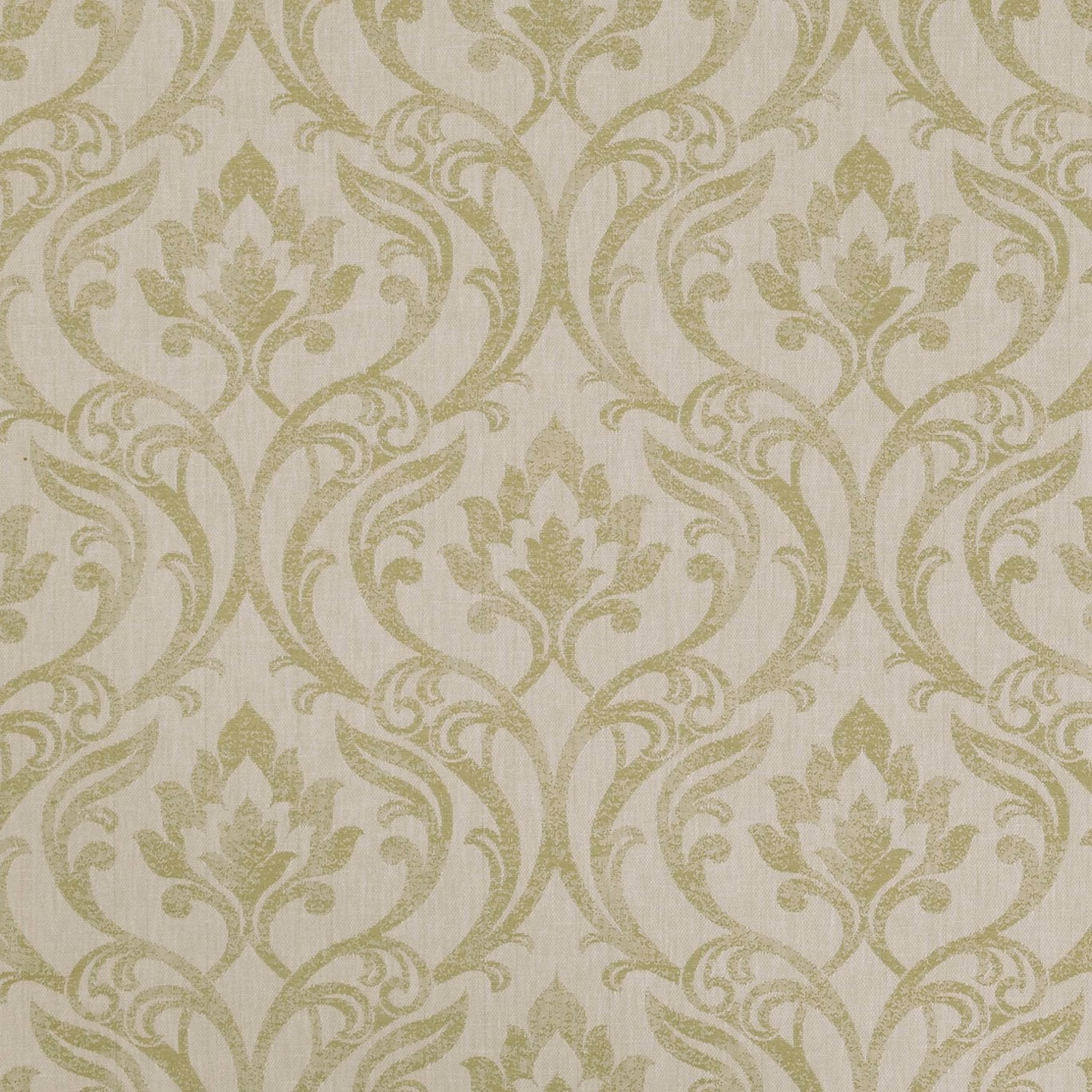 Ivory woven damask with muted citrus-olive floral scrolls and subtle vertical texture